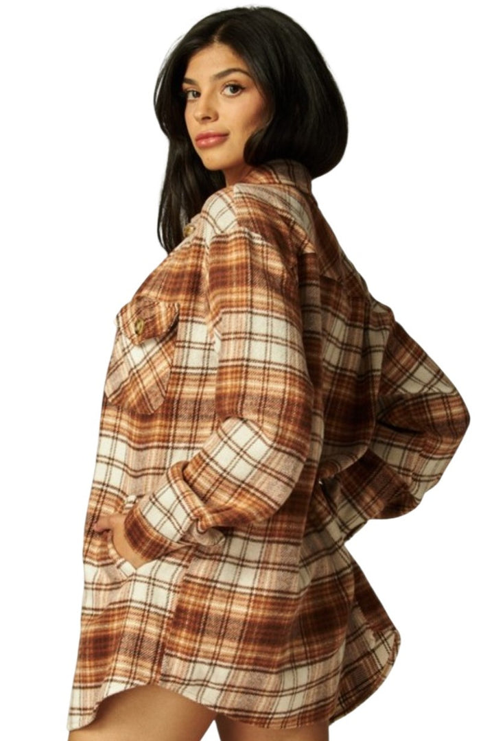Brown & White Plaid Long Button Flannel Jacket