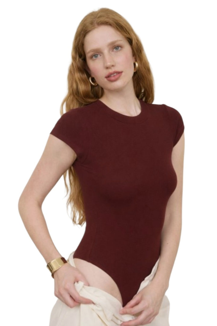 Brown Round Neck Short Sleeve Knit Bodysuit