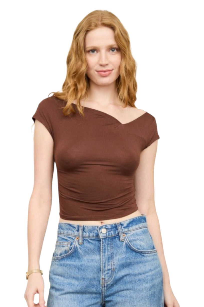 Chocolate Brown Asymmetrical Wrap Neckline Knit Top