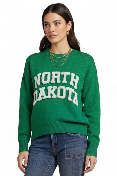 North Dakota Green & Ivory Pom Letter Sweater