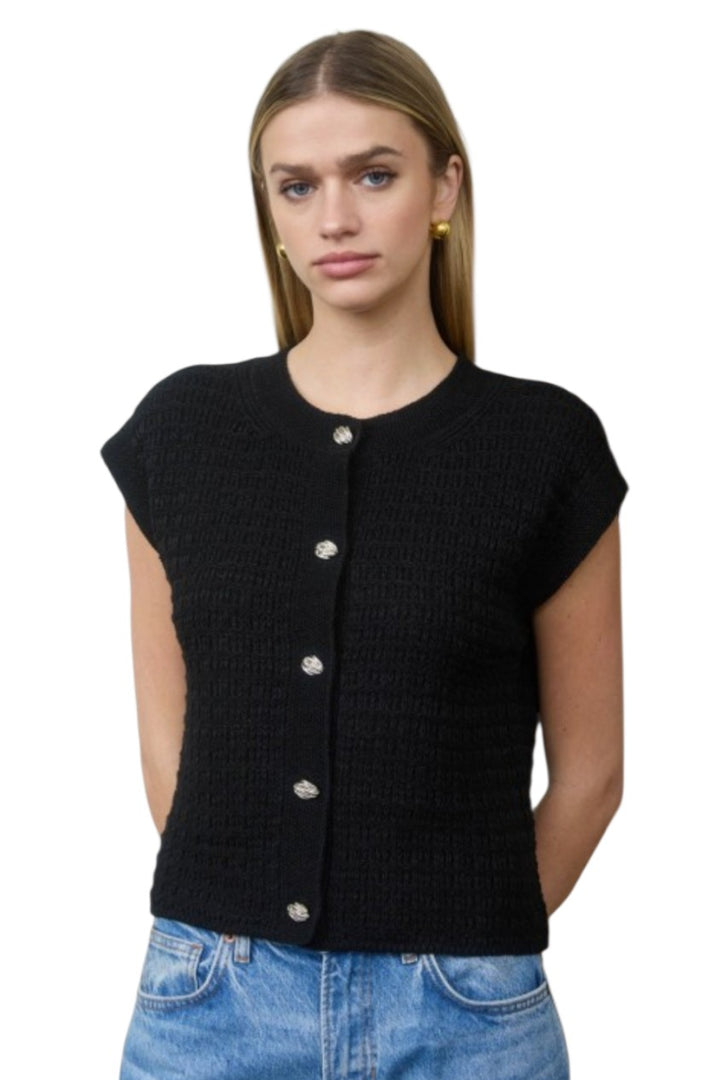 Black  Short Sleeve Gold Button Knit Sweater