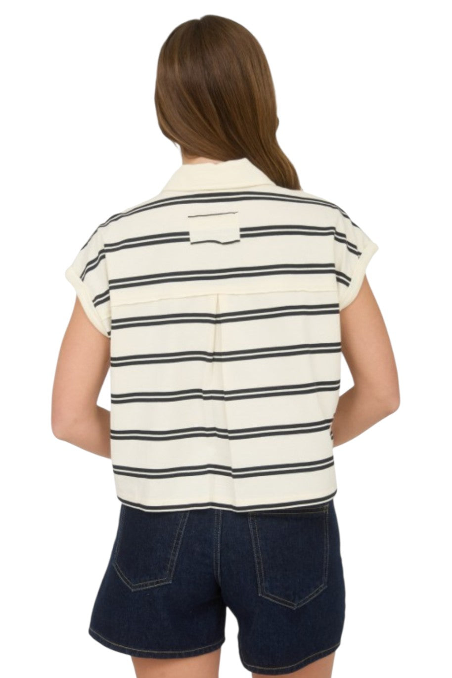 Cream Stripe Collared Short Sleeve Boxy Knit Top