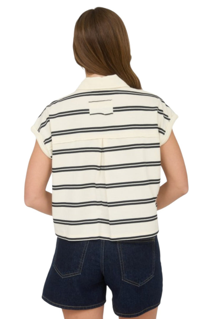 Cream Stripe Collared Short Sleeve Boxy Knit Top