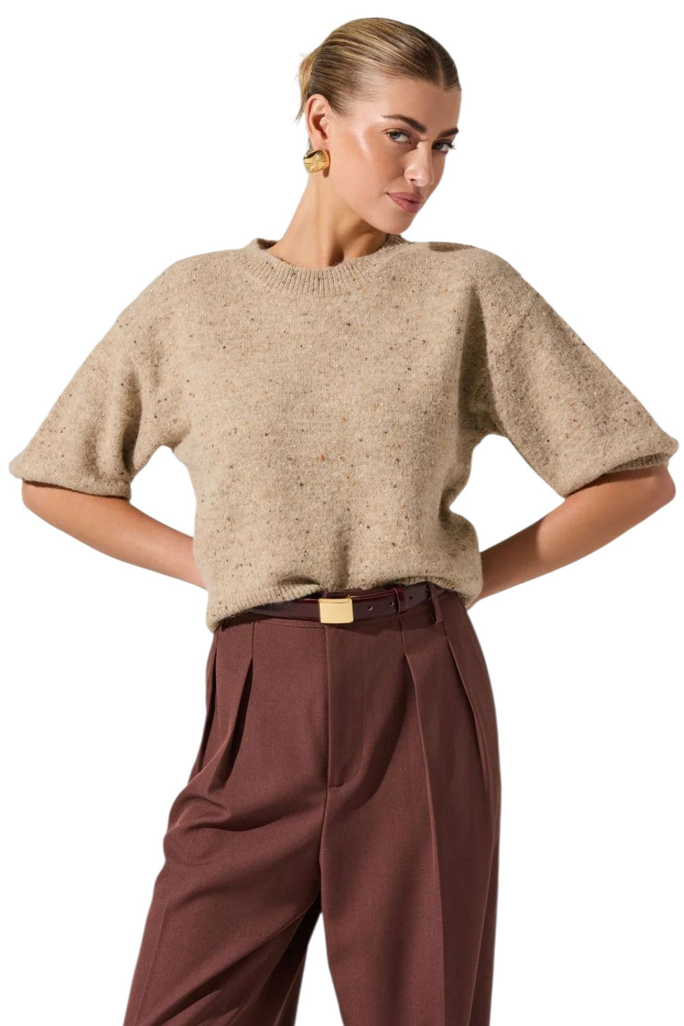 Astr Colette Oatmeal Multi Crewneck Sweater
