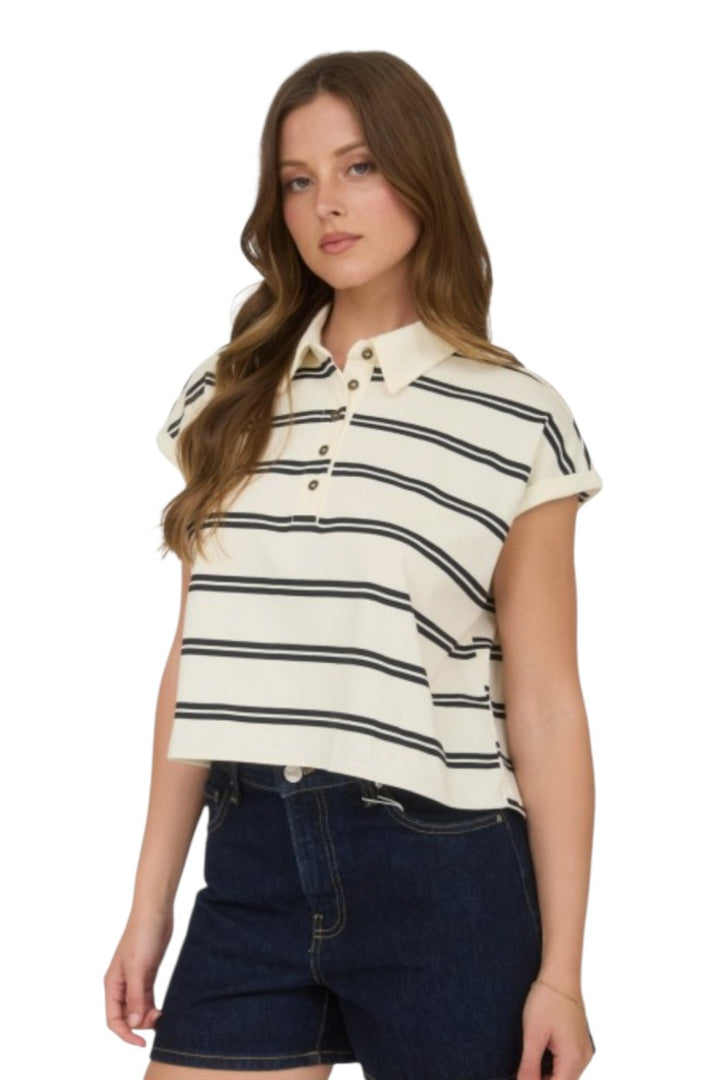 Cream Stripe Collared Short Sleeve Boxy Knit Top