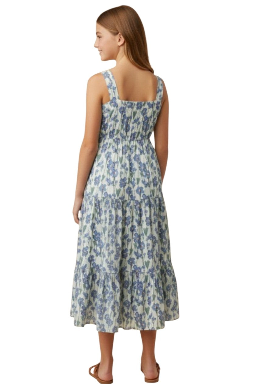 Girls Blue Floral Pleated Poplin Midi Dress