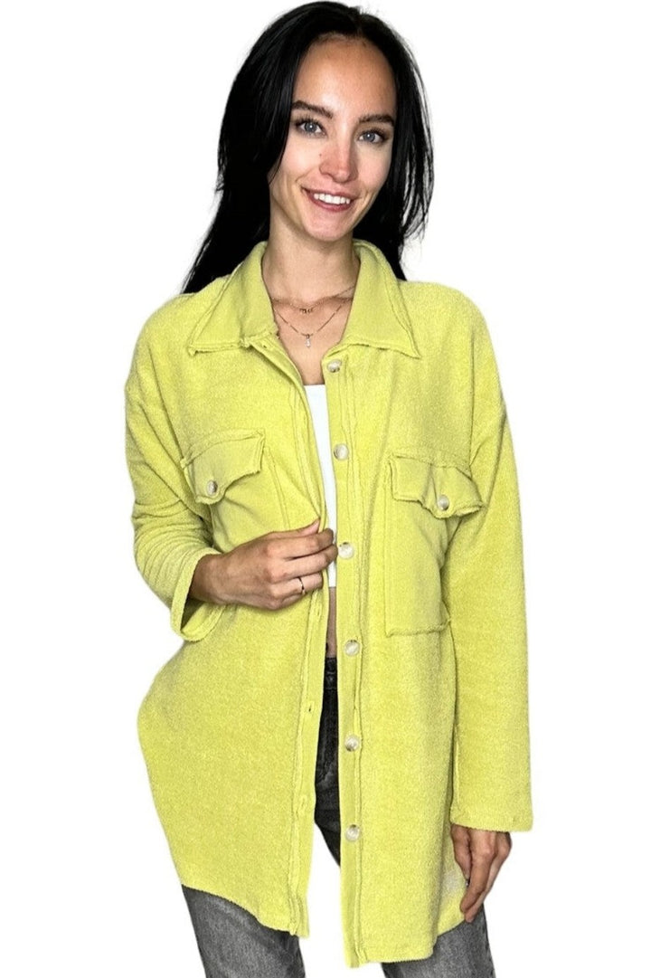 Bucket List Lime Front Pocket Loop French Terry Shacket