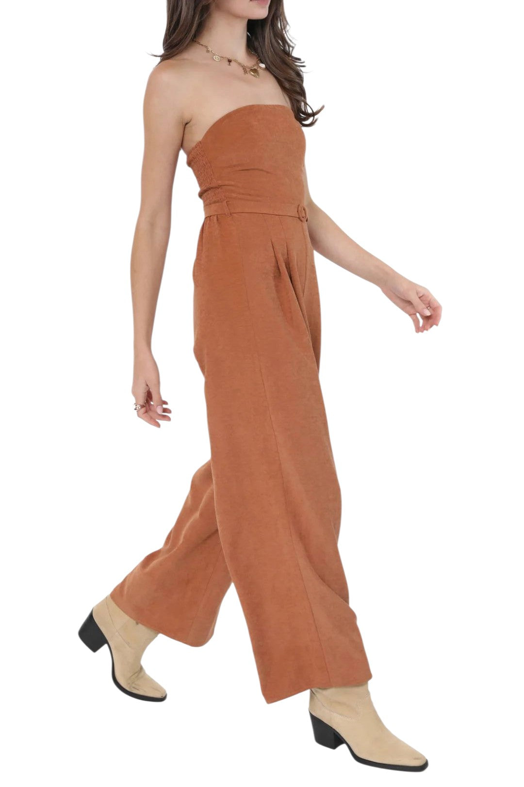 Sadie & Sage Rusty Brown Sundown Tube Top Belted Jumpsuit