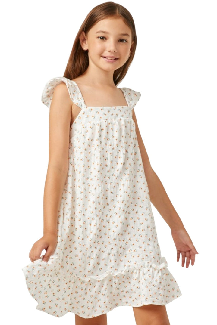 Girls Orange Floral Flutter Shoulder Ruffle Hem Dress