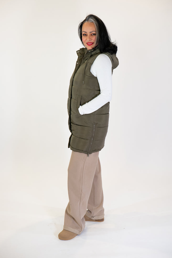 Olive Zip-Up Long Puffer Vest