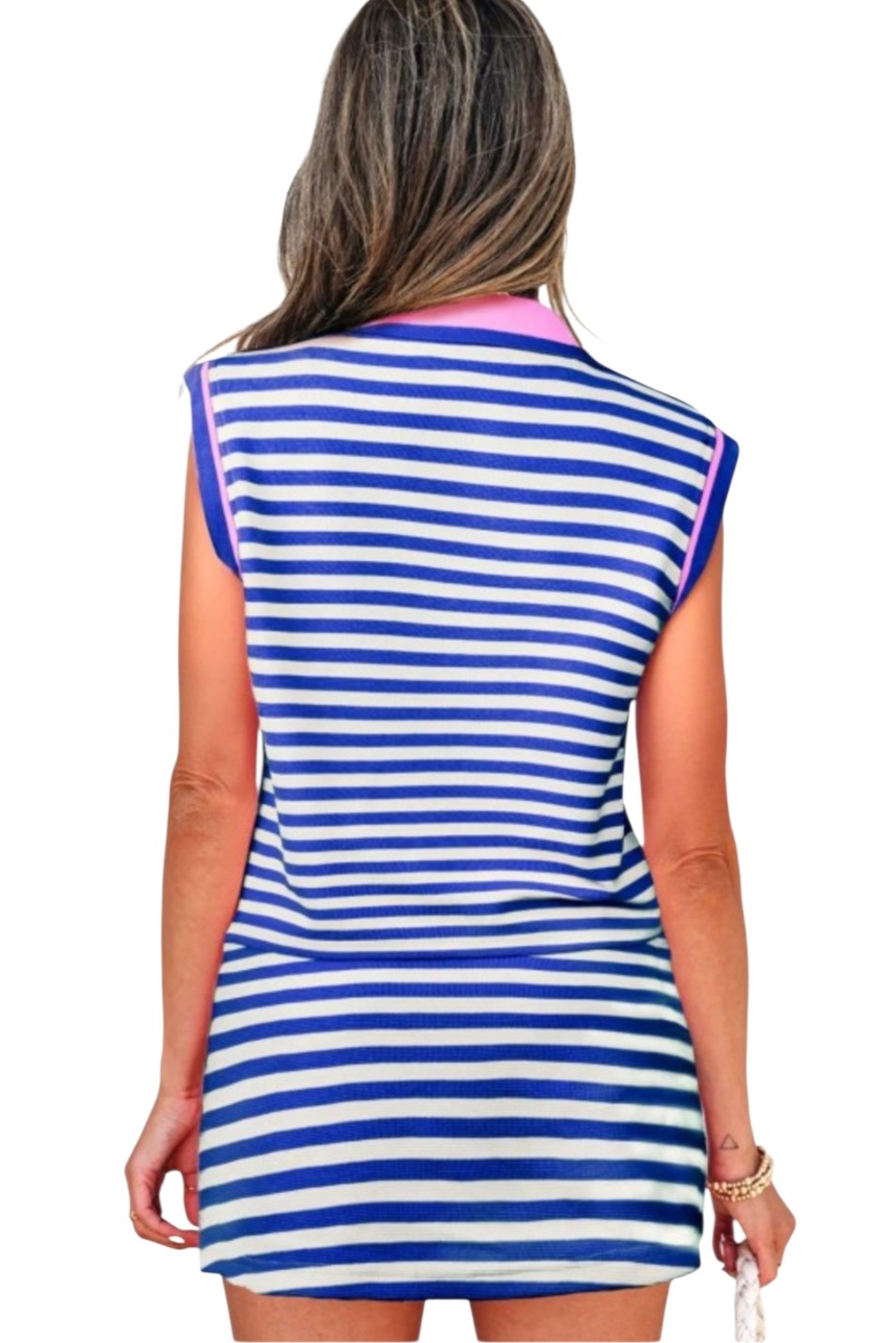 Blue Stripe PinkTrim Soft Modal Collared Top & Skort Set