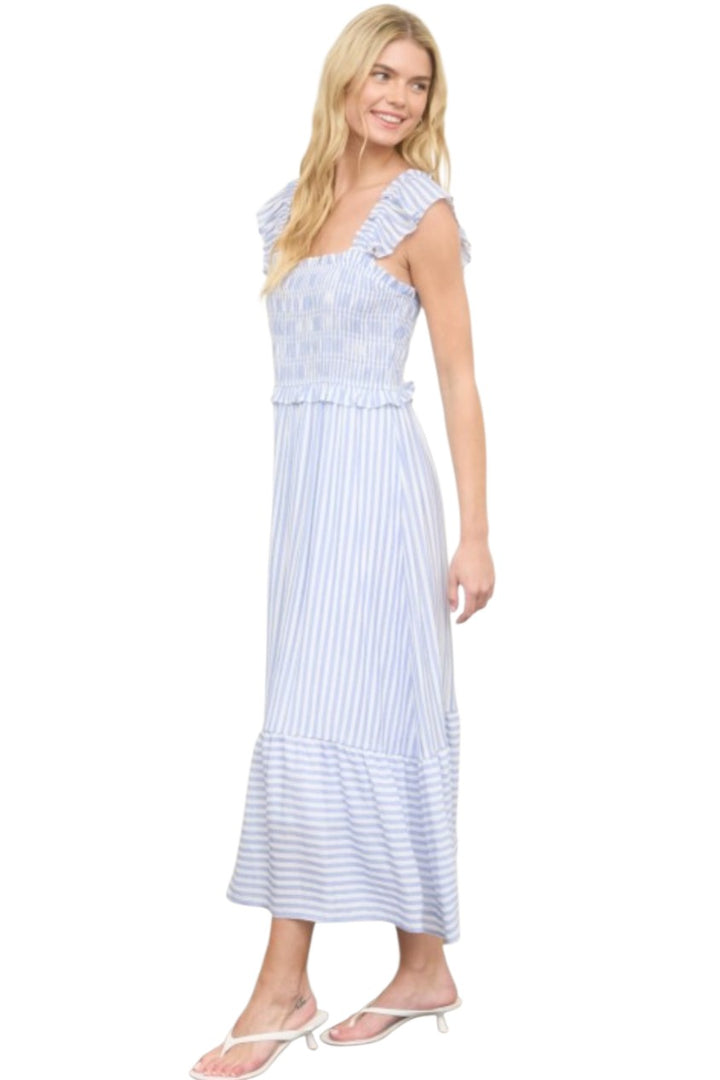 Blue Stripe Smocked Ruffle Trim Midi Dress