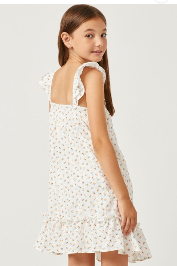 Girls Orange Floral Flutter Shoulder Ruffle Hem Dress
