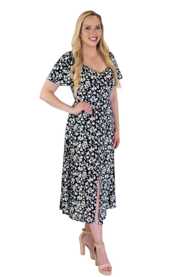 Black & White Floral Flutter Sleeve Midi Dress