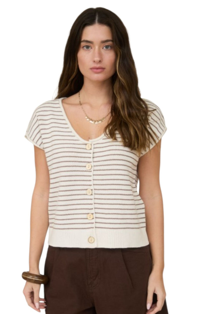 Brown Stripe Scoop Raw Edge Short Sleeve Cardigan