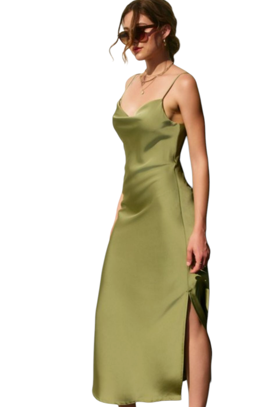 Sage Olive Satin Cowl Neck Midi Dress
