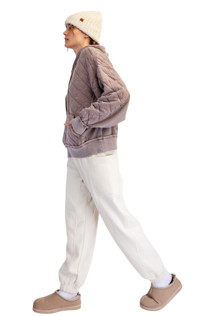 Mocha Quilted Mineral Wash Quarter Zip Hoodie