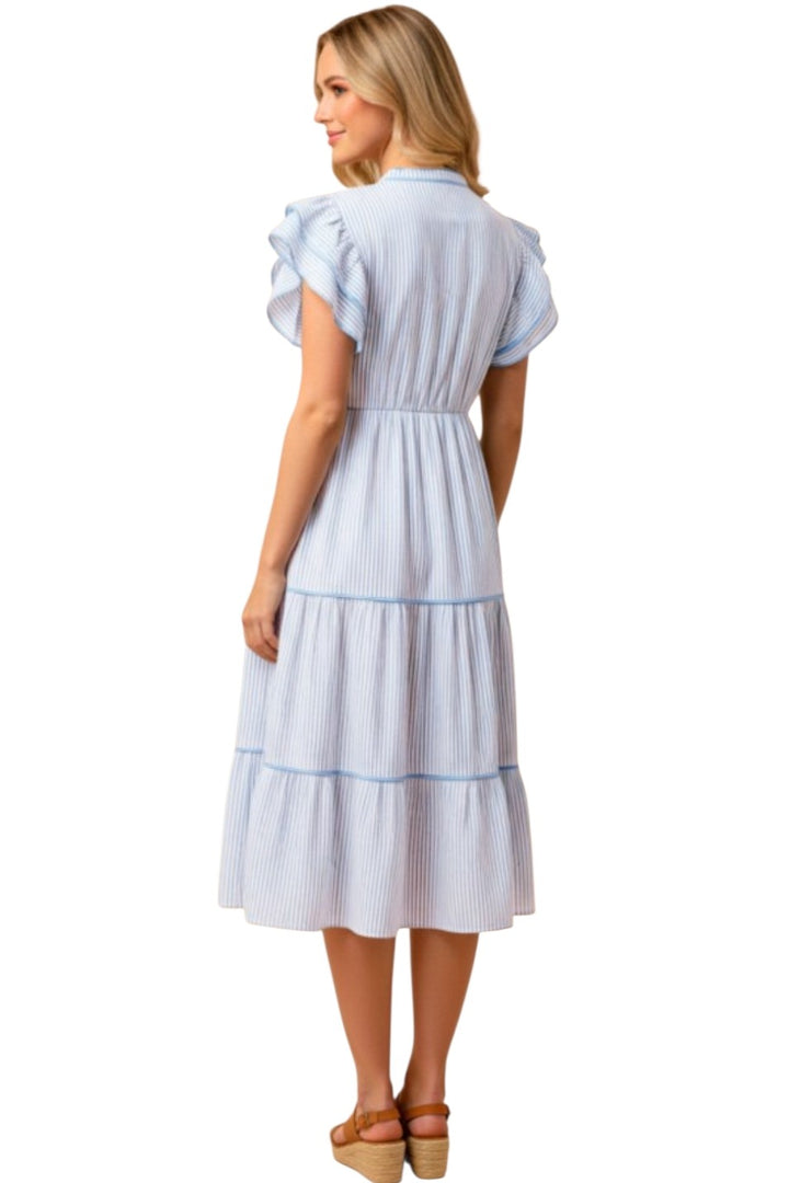 Blue Pinstripe Piped Double Ruffle Trim Midi Dress