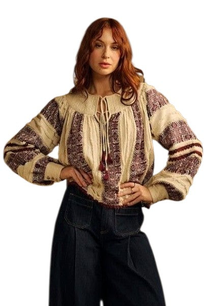 One Collective Sea Salt Jacquard Averno Quilted Yoke Blouse Top