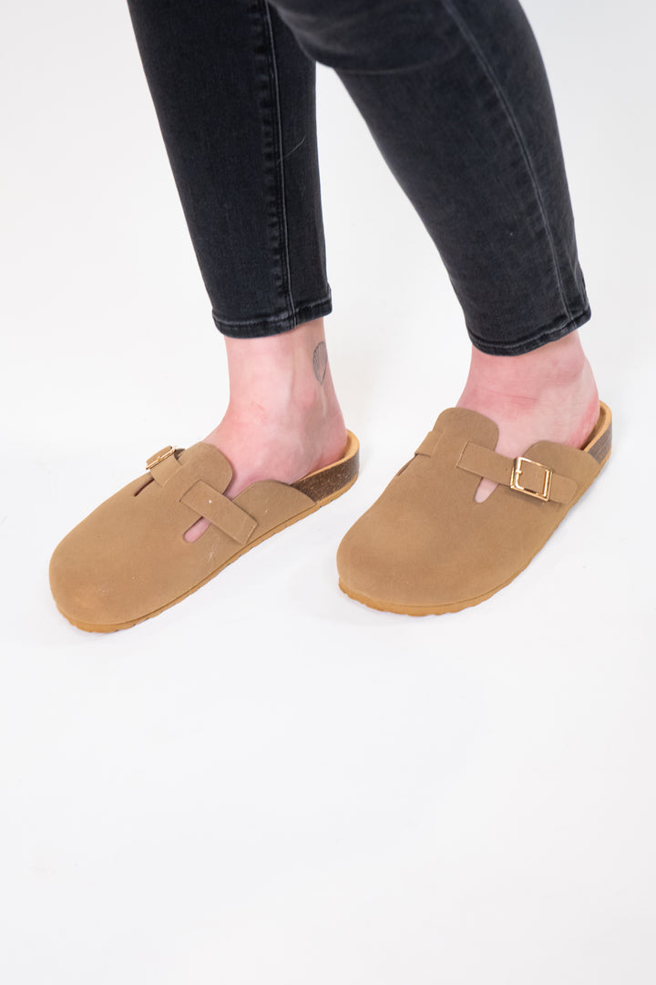 Taupe Suede Gold Buckle Cork Mules