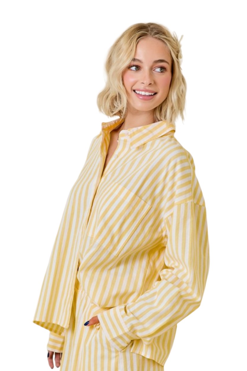 Lemon Yellow Stripe Oversized Button Down Long Sleeve Shirt