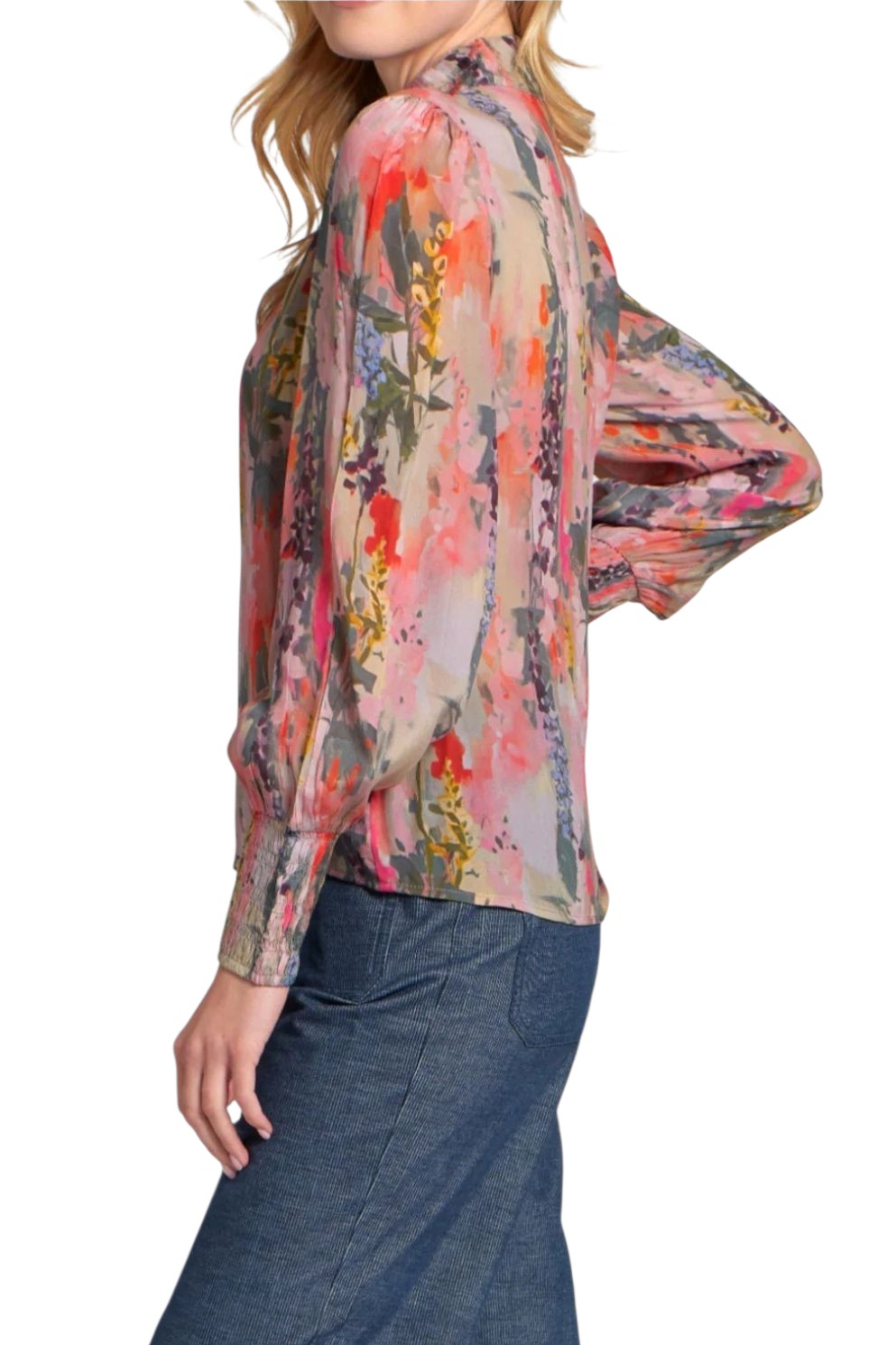 APNY Pink Watercolor Floral Puff Sleeve Blouse
