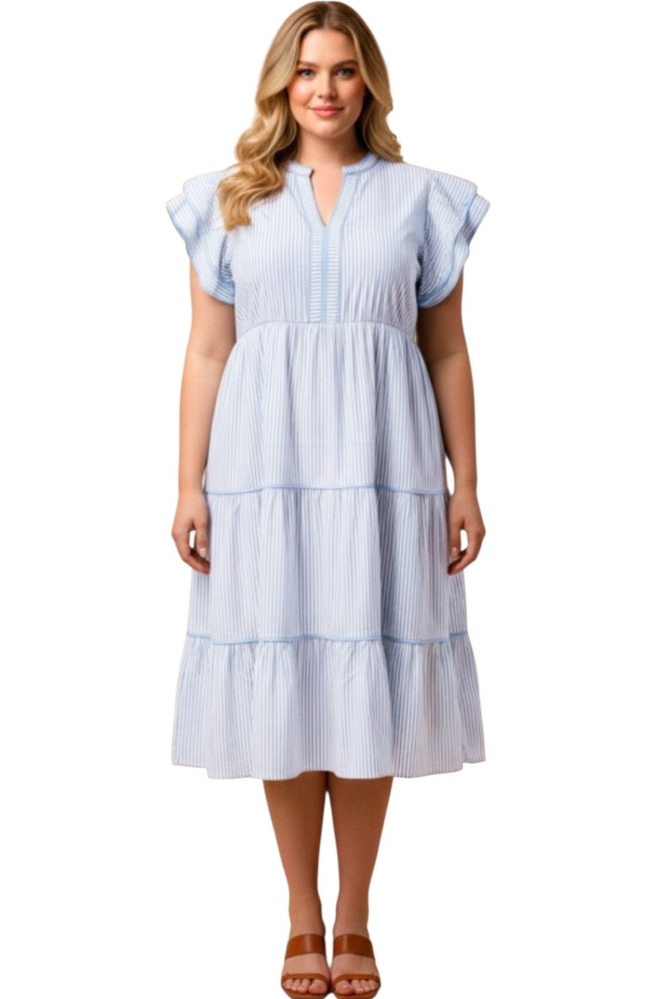 Blue Pinstripe Piped Double Ruffle Trim Midi Dress