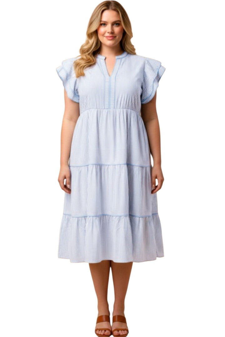 Blue Pinstripe Piped Double Ruffle Trim Midi Dress