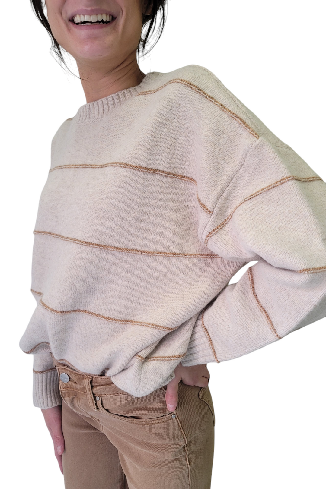 Taupe Multi Striped Pattern Drop Shoulder Sweater