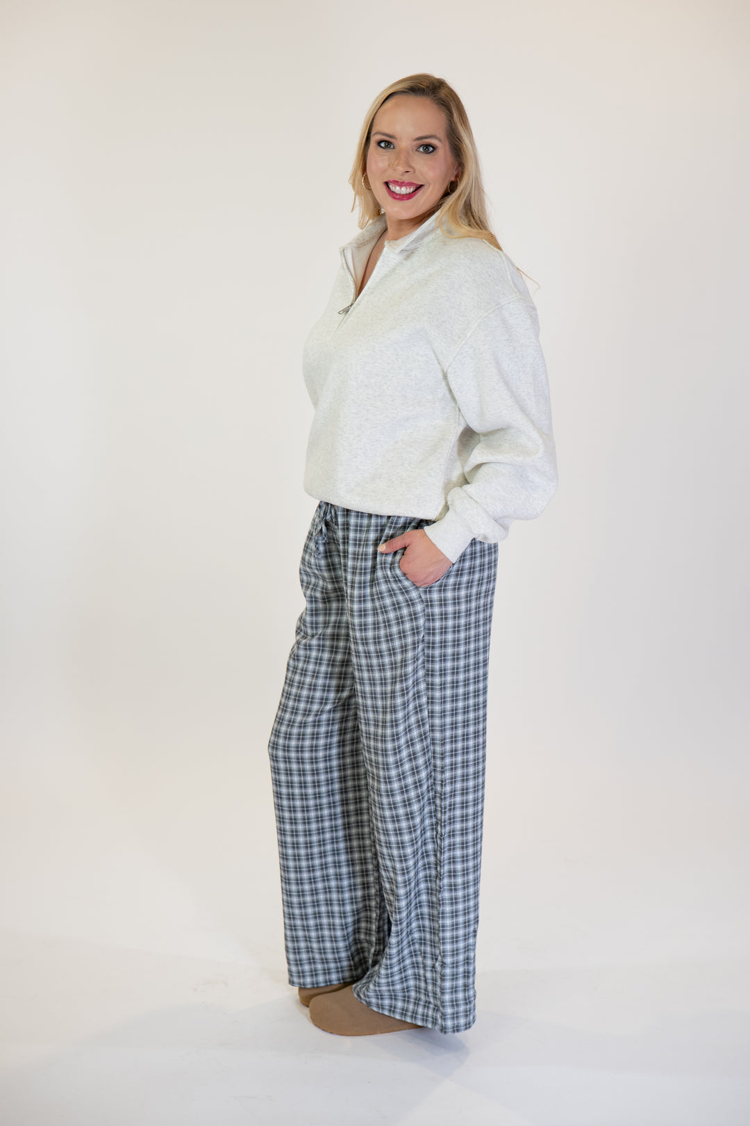 Grey Plaid Dillon Wide Leg Lounge Pants