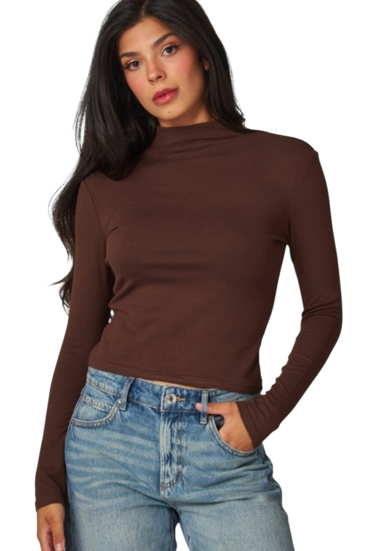 Brown Fitted Fine Ribbed Long Sleeve Mockneck