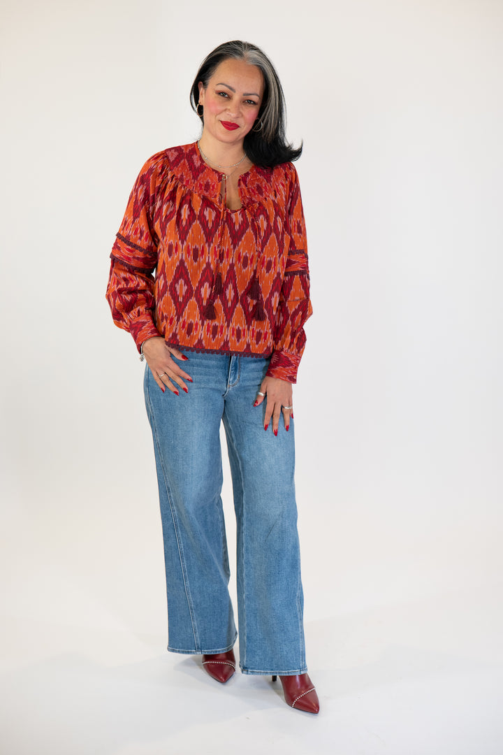 One Collective Spice Diamond Print Averno Quilted Yoke Blouse Top