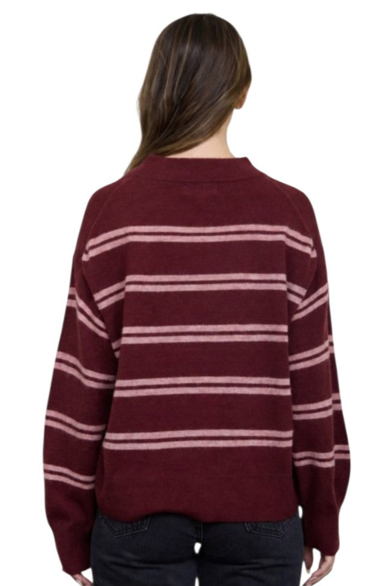 Burgundy & Pink Stripe Drop Sleeve Crew Neck Pullover Sweater