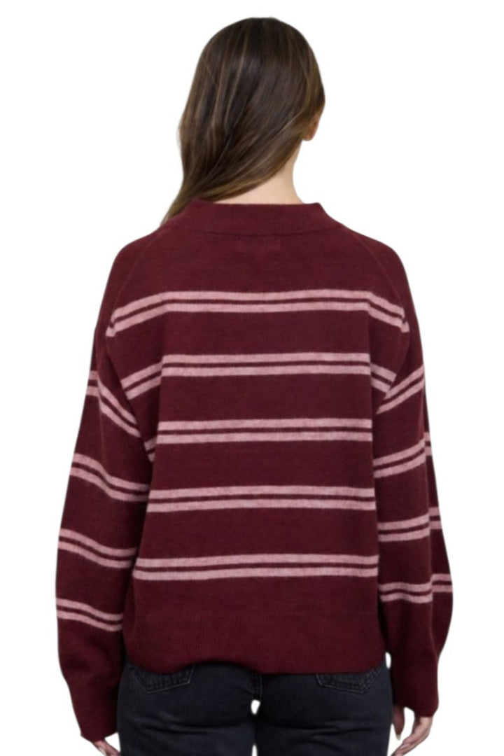Burgundy & Pink Stripe Drop Sleeve Crew Neck Pullover Sweater