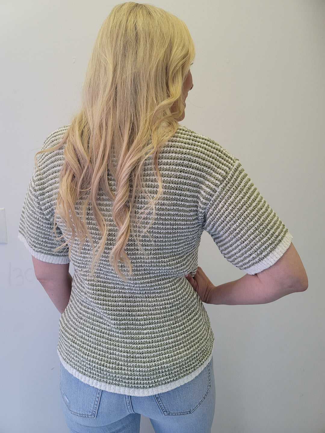 Sage Green Striped Boucle Lightweight Collared Polo Top Sweater