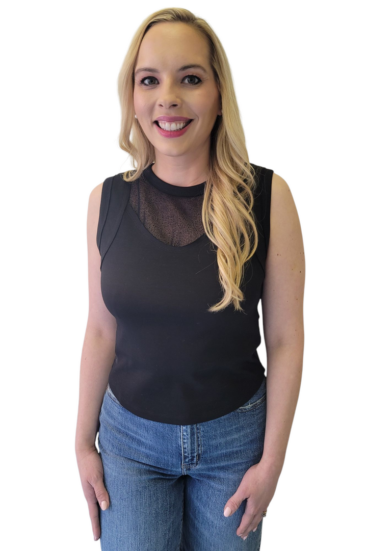 Black Mesh Inset Crew Tank Top