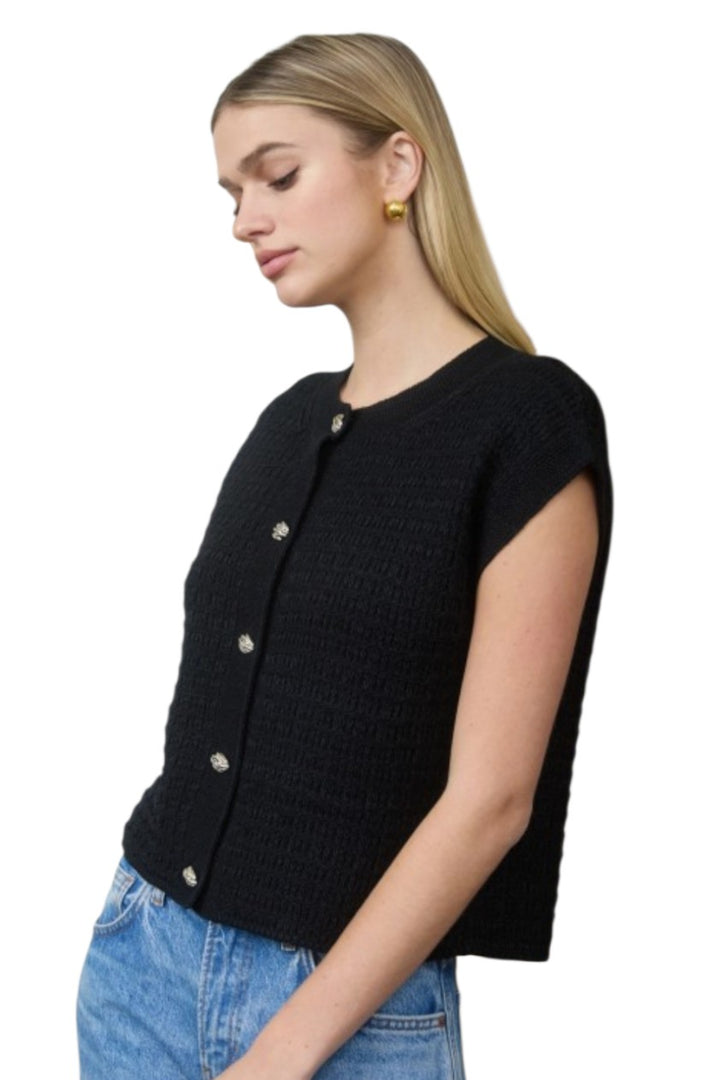 Black  Short Sleeve Gold Button Knit Sweater