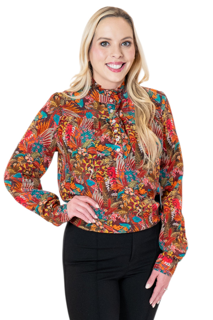 APNY Wine Jungle Pattern Ruffle Half Placket Blouse