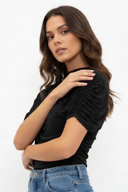 Black Assymetric Mesh Cape Ruched Sleeveless Mockneck Top