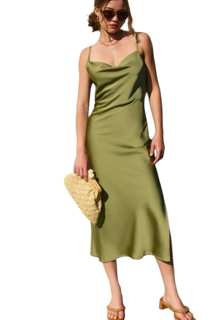 Sage Olive Satin Cowl Neck Midi Dress