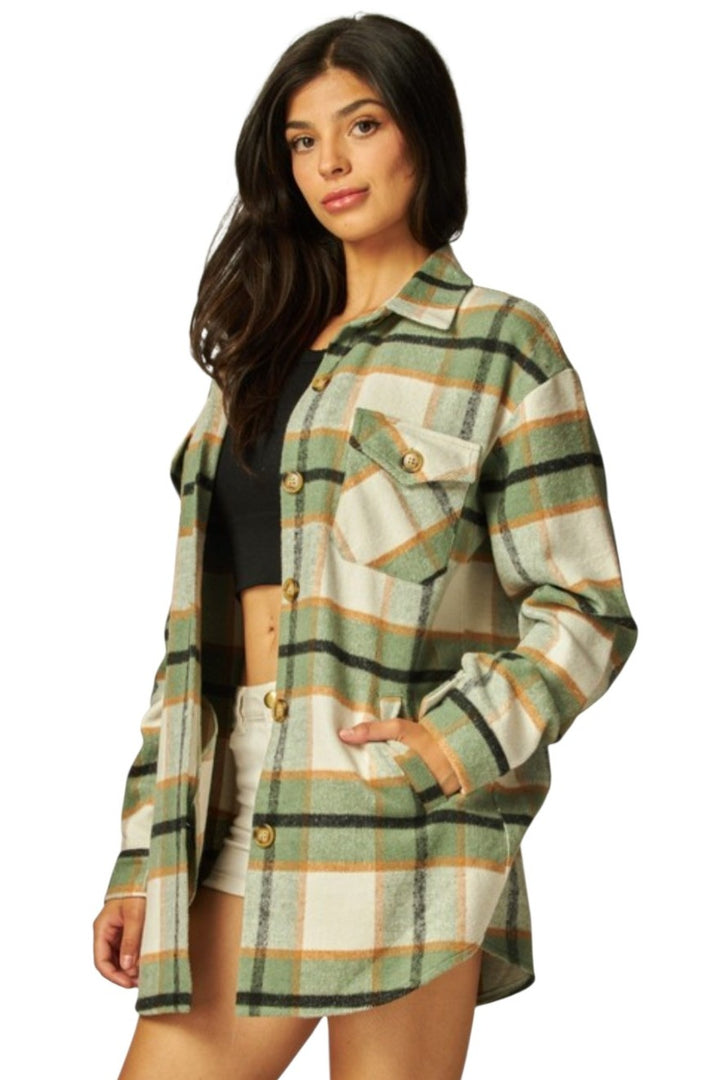 Green & White Plaid Long Button Flannel Jacket