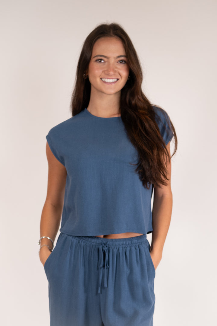 Sadie & Sage Indigo Meg Sugarloaf Sleeveless Linen Top