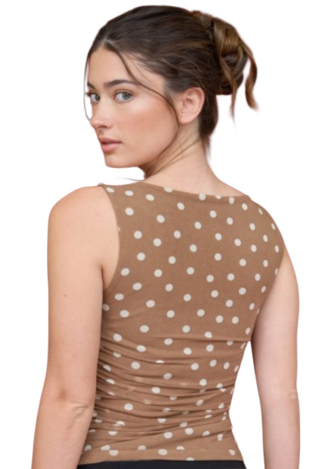 Brown Polka Dot Sleeveless Mesh Knit Top