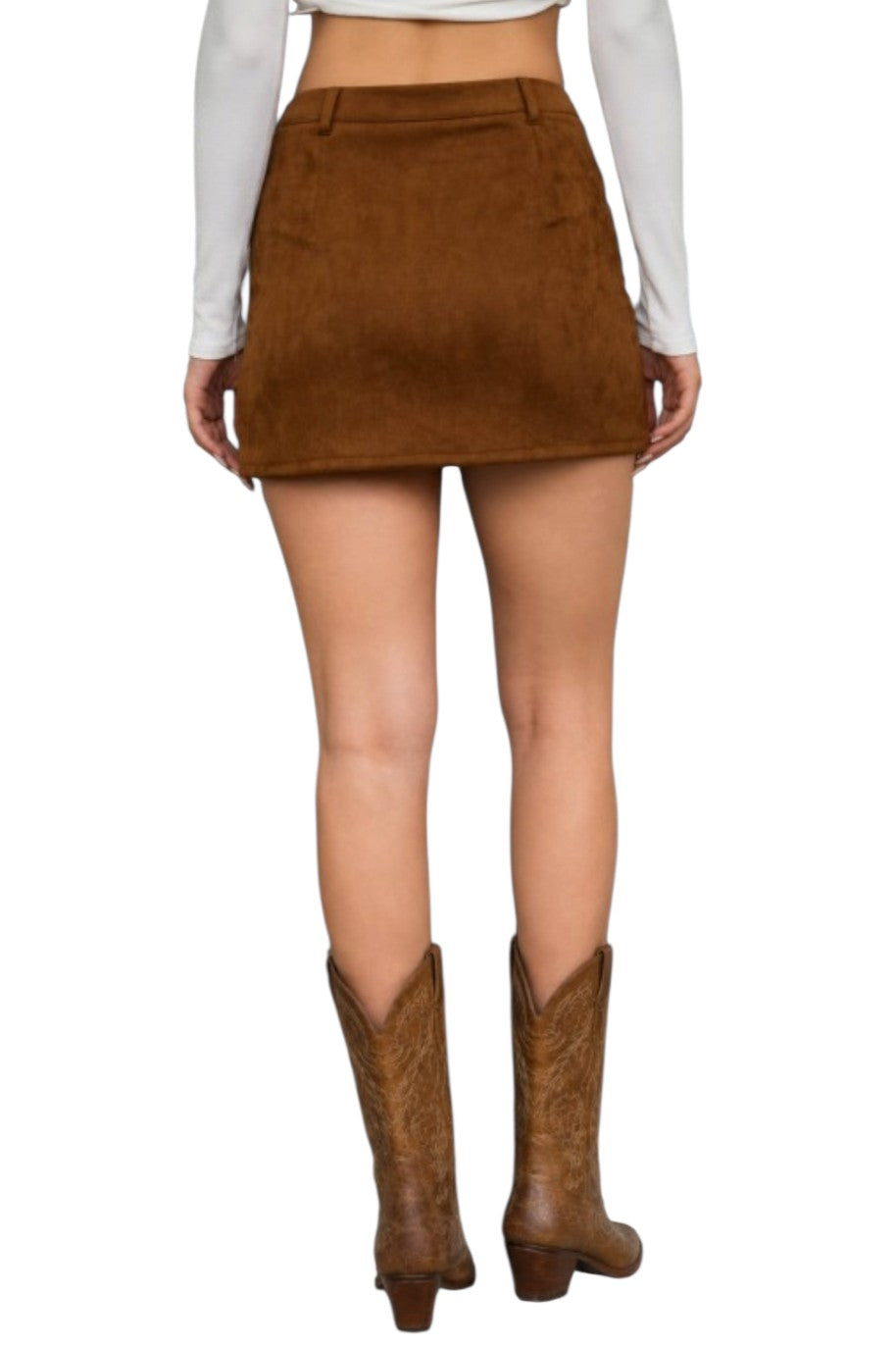 Cognac Suede Faux Leather Collar Snap Skirt