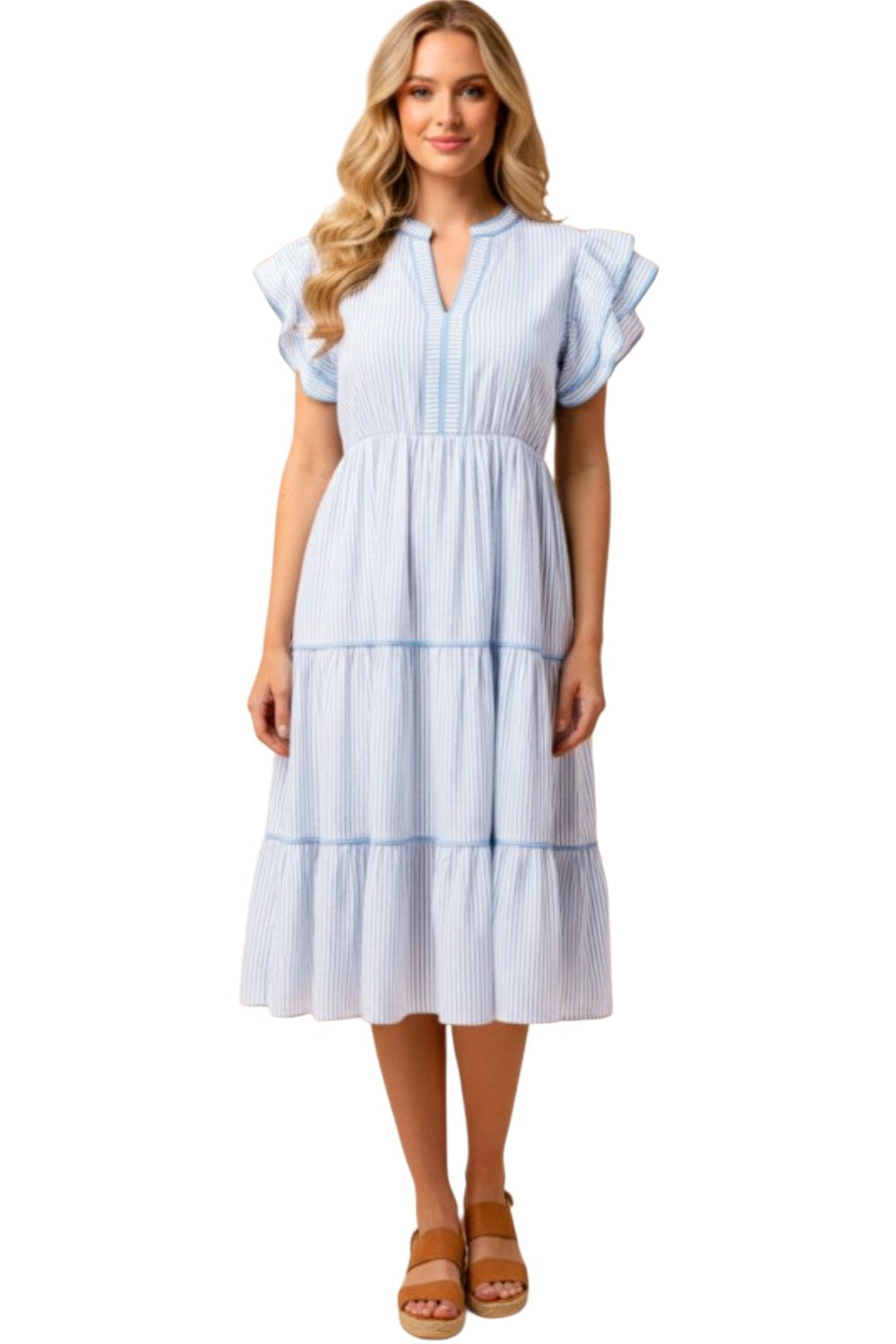 Blue Pinstripe Piped Double Ruffle Trim Midi Dress