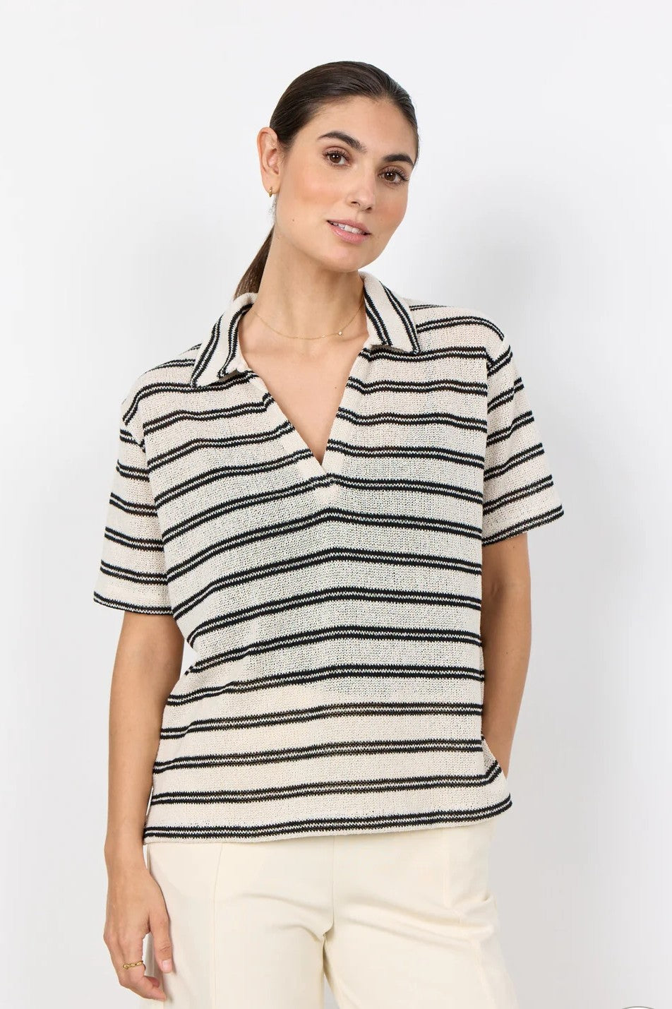 Soyaconcept Black & White Stripe Frey Polo Knit Top
