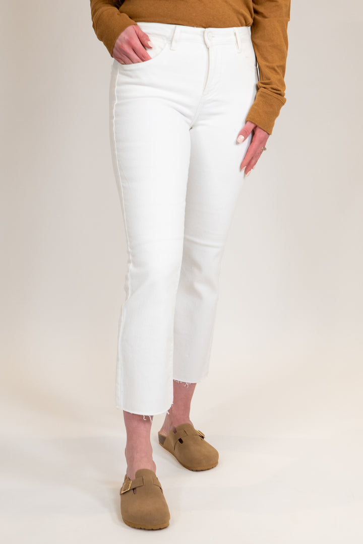 Risen White Mid Rise Straight Raw Edge Jeans