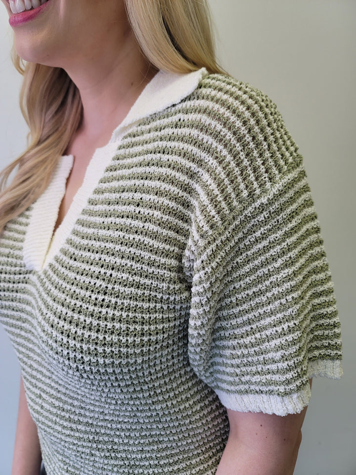 Sage Green Striped Boucle Lightweight Collared Polo Top Sweater