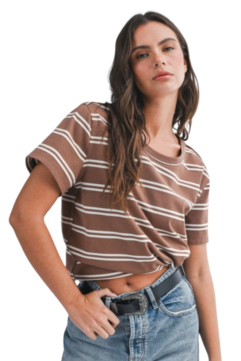 Brown Striped Boxy Short Sleeve Crew Neck Tee