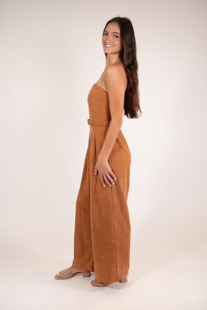 Sadie & Sage Rusty Brown Sundown Tube Top Belted Jumpsuit